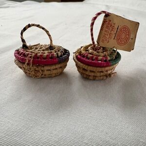 Vintage Native‎ Arts Toluca Mexico Miniature Woven Baskets Set of 2 Coiled Straw